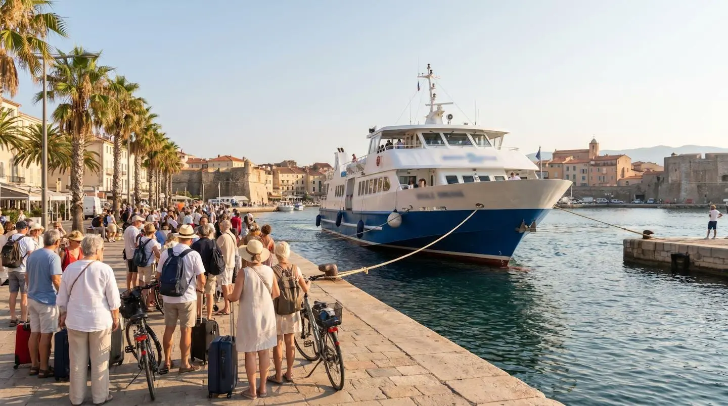 Fähre läuft in den Hafen von Nizza ein, Hafenmole mit wartenden Reisenden im Vordergrund